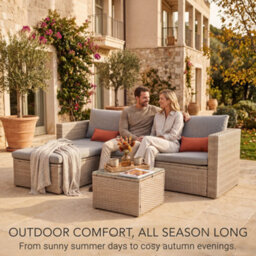 Evre Natural 3 Seater Rattan Garden Furniture Set  Outdoor Sofa With Ottoman, Coffee Table & Cushions - thumbnail 3
