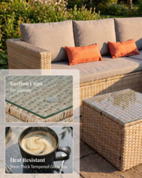 Evre Natural 3 Seater Rattan Garden Furniture Set  Outdoor Sofa With Ottoman, Coffee Table & Cushions - thumbnail 9