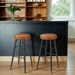 Ledrem Counter Stools Set Of 2, Kitchen Bar Stools, Synthetic Leather, Transitional, Home Bar, Tan And Black - thumbnail 1