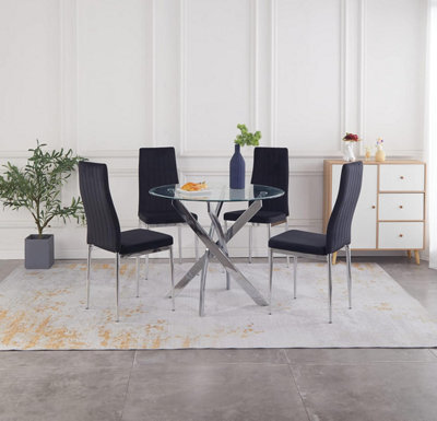 Furnizone UK Nexus 4-Seater 90Cm Round Clear Glass Dining Table And 4 Monza Black Velvet Chairs - image 1