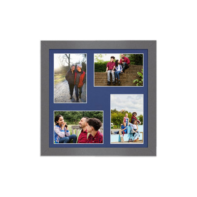AK Frames 12X12 Dark Grey Modern Multi Photo Frame With Blue Mount - Holds 4 Apertures (4X) 6X4 Photos - image 1