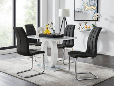 Furniturebox Giovani Rectangular 4 Seat White High Gloss Unique Halo Base Dining Table Grey Glass Top 4 Black Faux Leather Murano Chairs - image 1