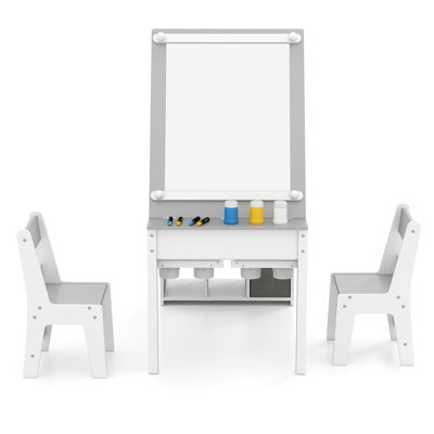 Costway Kids Active Play Art Table & Chairs Set W/ Paper Roll-Grey - image 1