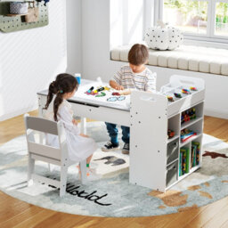 Costway Kids Active Play Art Table & Chairs Set W/ Paper Roll-Grey - thumbnail 9