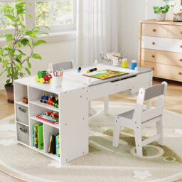 Costway Kids Active Play Art Table & Chairs Set W/ Paper Roll-Grey - thumbnail 8