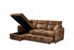 Corner Sofa Bed With Storage In Faux Leather Suede Brown 1C2 Sofabed - thumbnail 5