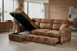 Corner Sofa Bed With Storage In Faux Leather Suede Brown 1C2 Sofabed - thumbnail 9