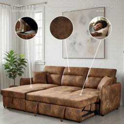 Corner Sofa Bed With Storage In Faux Leather Suede Brown 1C2 Sofabed - thumbnail 8