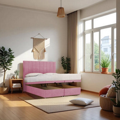 "Knight Sleep Paris Ottoman Bed Pink Plush 2Ft6  With Mattress & 24""headboard - Small Single" - image 1