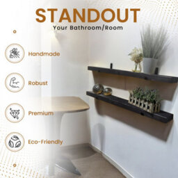 MKGT Narrow Rustic Shelf, 15Cm Deep Solid Wood Wall Shelf With Black Brackets (Black, 140Cm) - thumbnail 4