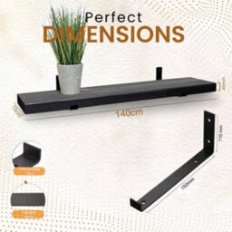 MKGT Narrow Rustic Shelf, 15Cm Deep Solid Wood Wall Shelf With Black Brackets (Black, 140Cm) - thumbnail 2