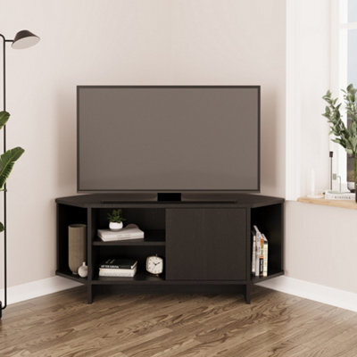Teo Corner Tv Stand - Space-Saving Tv Unit For 43-48'' Tvs, Compact Media Console With Open Shelves & Cabinet (Black)