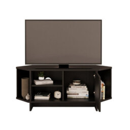 Teo Corner Tv Stand - Space-Saving Tv Unit For 43-48'' Tvs, Compact Media Console With Open Shelves & Cabinet (Black) - thumbnail 3