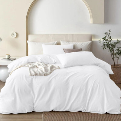 Oxford Homeware White Single Plain Dyed Duvet Cover, Fitted Sheet & Pillowcases Set 4 Piece Bed Sets - image 1