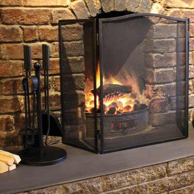 Folding Fire Screen 3 Panel Foldable Large Black Fire Protector Spark Guard Steel Mesh Protection - image 1