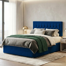 Adore Designs Diamond Cut Plush Velvet Divan Bed, Headboard - 5Ft Kingsize - Blue - 2 Drawers Same Side - thumbnail 1