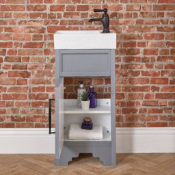 Homestylestore Light Grey 400mm Bathroom Vanity Unit With Basin And Black T Bar Handles - thumbnail 3