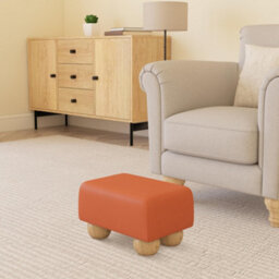 Mango Orange Natural Wood Bun Feet Faux Leather Small Footstool  Handmade Uk By Footstools Direct - thumbnail 1