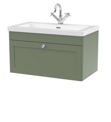 Balterley Swynnerton Traditional 1 Drawer Wall Hung Vanity Unit With Fireclay Basin, Satin Green, 800mm - image 1