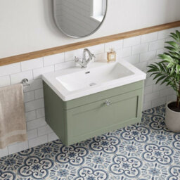 Balterley Swynnerton Traditional 1 Drawer Wall Hung Vanity Unit With Fireclay Basin, Satin Green, 800mm - thumbnail 3
