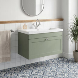 Balterley Swynnerton Traditional 1 Drawer Wall Hung Vanity Unit With Fireclay Basin, Satin Green, 800mm - thumbnail 2