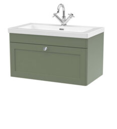 Balterley Swynnerton Traditional 1 Drawer Wall Hung Vanity Unit With Fireclay Basin, Satin Green, 800mm