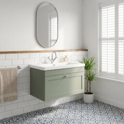 Balterley Swynnerton Traditional 1 Drawer Wall Hung Vanity Unit With Fireclay Basin, Satin Green, 800mm - thumbnail 4