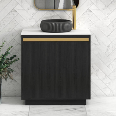 Royal Bathrooms Orion 800mm Hale Black Floor Standing Plain White Countertop Vanity Unit 2 Door With Milan Black Basin & Brushed Brass Accent Trim - image 1