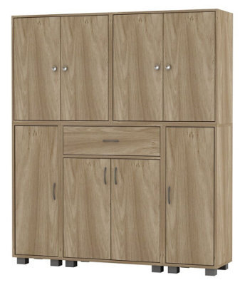 Urbn-Living Urbnliving Height 140Cm 8 Door & 12 Shelf Oak Bookshelf 1 Drawer Storage Cabinet Bookcase Cupboard Display - image 1