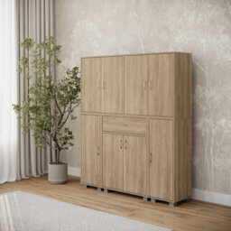 Urbn-Living Urbnliving Height 140Cm 8 Door & 12 Shelf Oak Bookshelf 1 Drawer Storage Cabinet Bookcase Cupboard Display - thumbnail 4