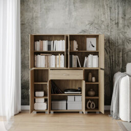 Urbn-Living Urbnliving Height 140Cm 8 Door & 12 Shelf Oak Bookshelf 1 Drawer Storage Cabinet Bookcase Cupboard Display - thumbnail 5