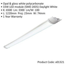 4Ft Ip65 Flush Batten Light - 18W Daylight White Led - Opal & Gloss White Pc - thumbnail 2