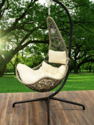 Sh&g Hanging Swing Chair - Basket Chair, Stand & Cushion Set - Grey Rattan & Steel With Cream Cushion - Signature Homes And Garden - thumbnail 3