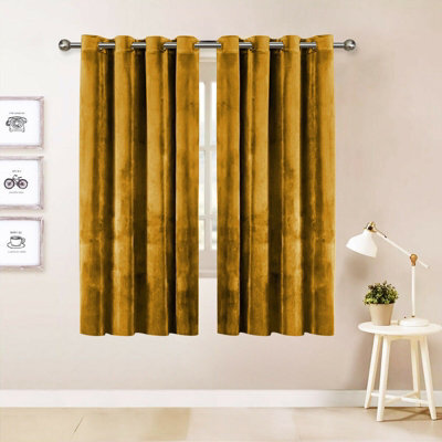 Oxford Homeware Eyelet Velvet Curtains Ochre Fully Lined Blackout Thermal Insulated Eyelet Curtains Pair (W)117Cm X (L)137Cm - image 1