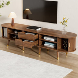 Btm 175 Cm Tv Cabinet With Sliding Door, Walnut Look, Mdf Tv Stand With Shelves, Drawer And  Cabinet - thumbnail 4