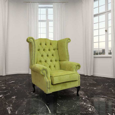 Chesterfield High Back Wing Chair Azzuro Harvest Green Fabric In Queen Anne Style - image 1