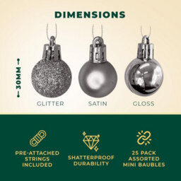 Festive Fix Silver Mini Christmas Baubles 25 Pack Shatterproof Small Ornaments For Xmas Tree Decorations Matte Gloss Glitter - thumbnail 2