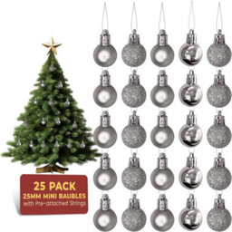 Festive Fix Silver Mini Christmas Baubles 25 Pack Shatterproof Small Ornaments For Xmas Tree Decorations Matte Gloss Glitter
