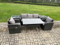 Fimous Wicker Pe Rattan Garden Furniture Set Outdoor Rectangular Dining Table And Chair Sofa Set With 2 Pc Side Table - thumbnail 2