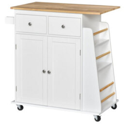Wyld Haus Rubberwood Top Kitchen Island On Wheels With Drawers, Cabinet, Spice Rack And Shelves - White And Natural Wood - thumbnail 1