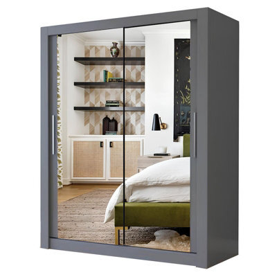 Ie Milan Sliding Mirror Door Wardrobe With Drawers & Shelves - Modern Bedroom Wardrobe, Grey, (150 Cm X 216Cm ) - image 1