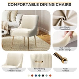Seynar Velvet Upholstered Dining Chairs With Gold Legs Set Of 2, Beige, Tufted Fabric For Kitchen Or Living Room - thumbnail 4