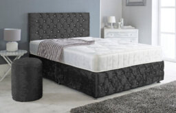 Adore Designs Chesterfield Crushed Velvet Divan Bed, Ortho Mattress, Footboard & Round Stool - 4Ft Small Double - Black - 2 Drawers Left Side - thumbnail 1