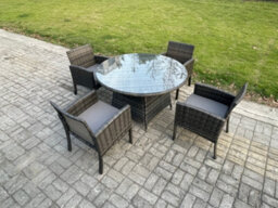 Fimous Wicker Pe Outdoor Rattan Garden Furniture Arm Chair And Table Dining Sets 4 Seater Medium Round Table Dark Grey Mixed - thumbnail 2