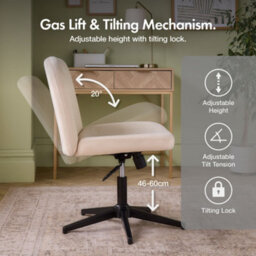 Vonhaus Cream Desk Chair For Home Office & Bedroom, Velvet Fabric With Wide Seat & Gas Lift, Tilting Armless Swivel Seat, Dawson - thumbnail 3