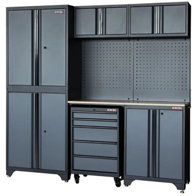 "Excel Tools Excel 77"" 7-Piece Garage Storage Cabinet System Worktop With Workbench & Pegboards" - image 1