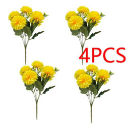 Amorly 4 Pack Artificial Chrysanthemum Bouquets, 5 Heads Yellow Faux Ball Mum Flowers, Fake Floral Stems For Fall Wedding Vase Decor - thumbnail 1