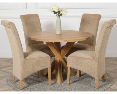 That's Furniture Oregon Round Oak Dining Table And 4 Chairs Dining Set With Montana Beige Fabric Chairs - image 1