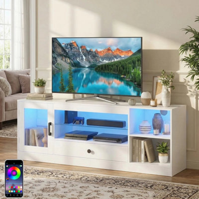 White Tv Stand Rgb Light Door Drawer Glass Shelf