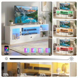 White Tv Stand Rgb Light Door Drawer Glass Shelf - thumbnail 3